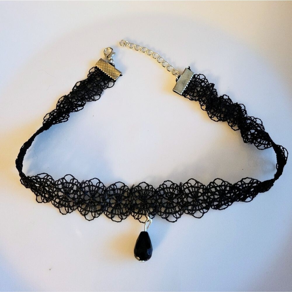 Black Lace Choker Necklace with Faceted Onyx-Style Drop